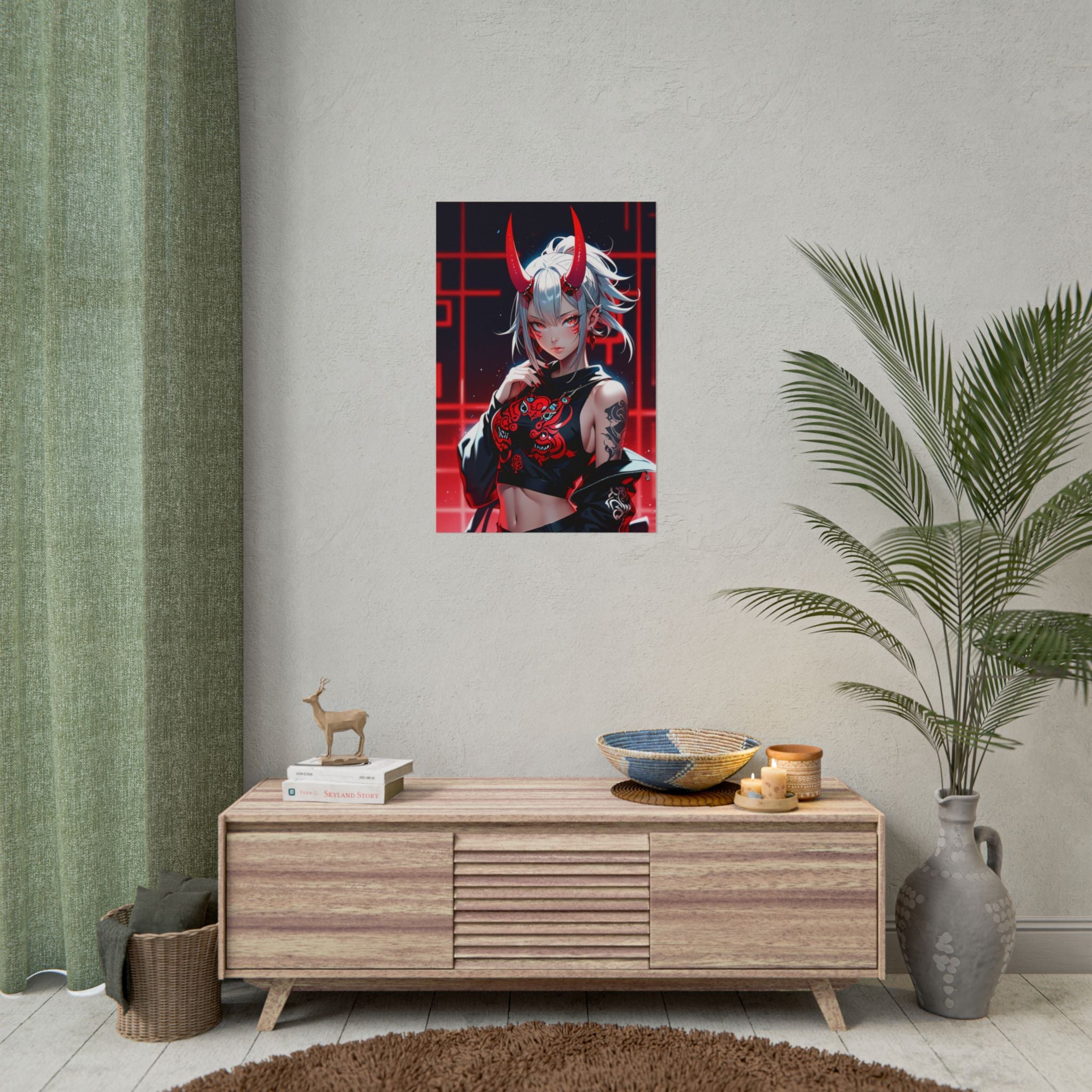 Oni Demon Girl Poster – Japanese Anime Wall Art Print, Red Neon Cyberpunk Decor, Manga Pin Up Demon Poster, Oni Mask Aesthetic Art