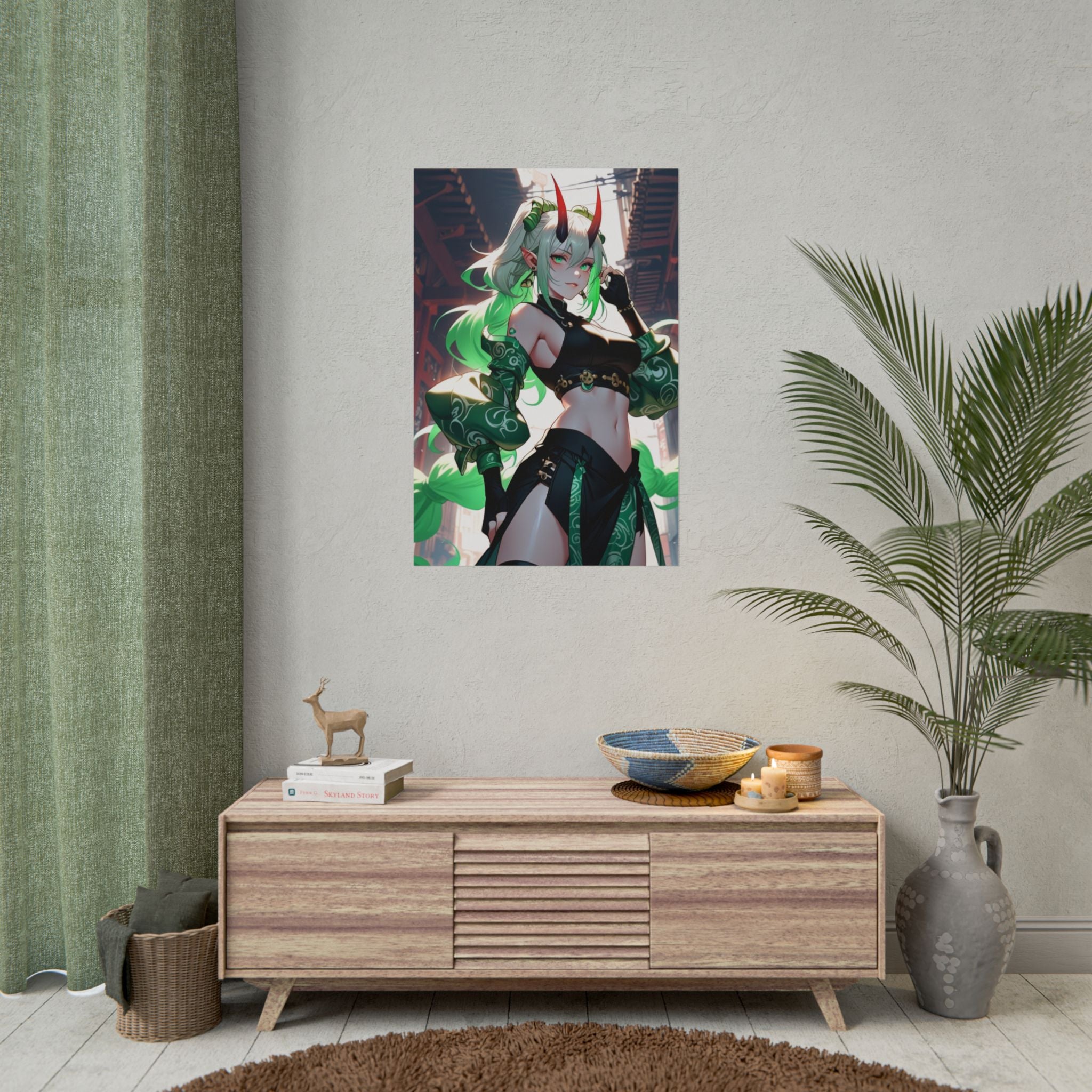 Green Demon Girl Anime Poster – Neon Oni Pin Up Wall Art, Japanese Yokai Fantasy Print, Horned Anime Girl Collector Poster, Horror Aesthetic Decor | Epic Anime Apparel