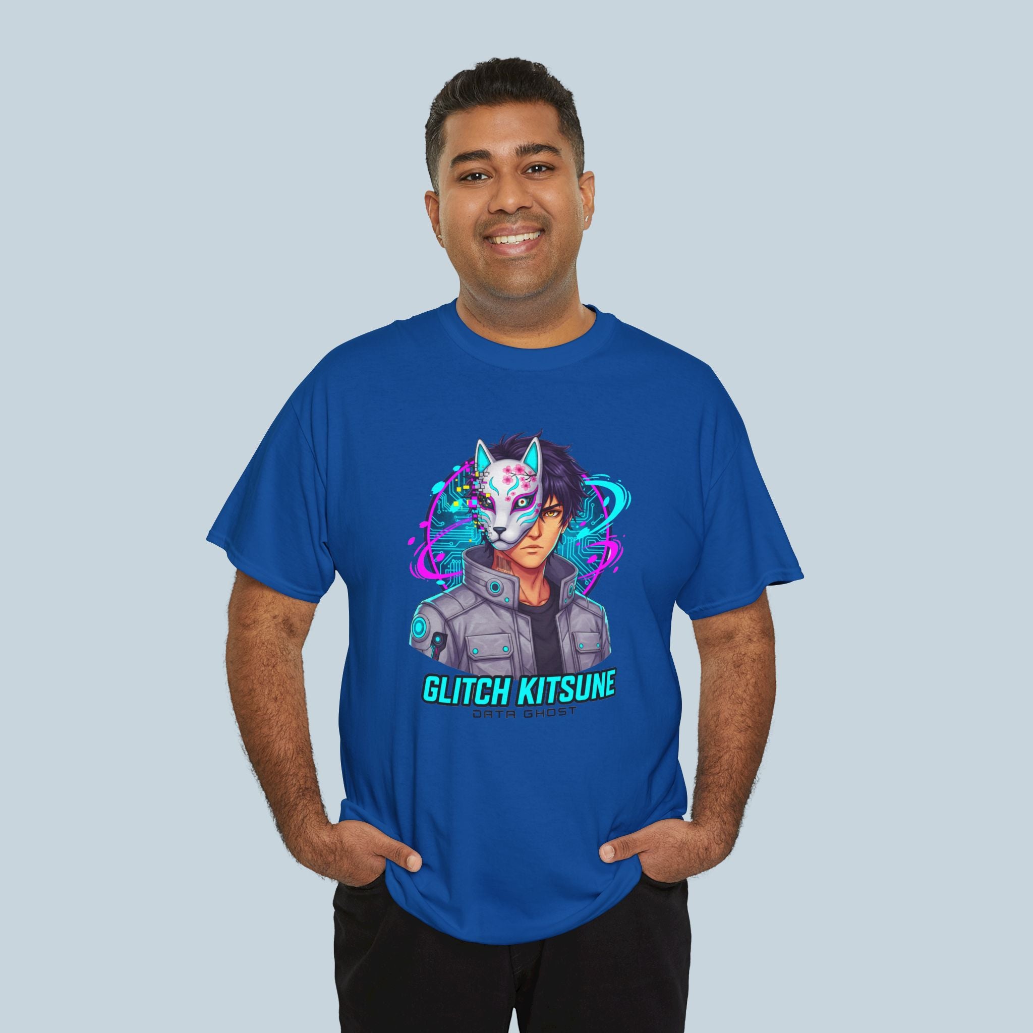 Glitch Kitsune Anime T Shirt Cyberpunk Fox Mask Neon Streetwear Tee