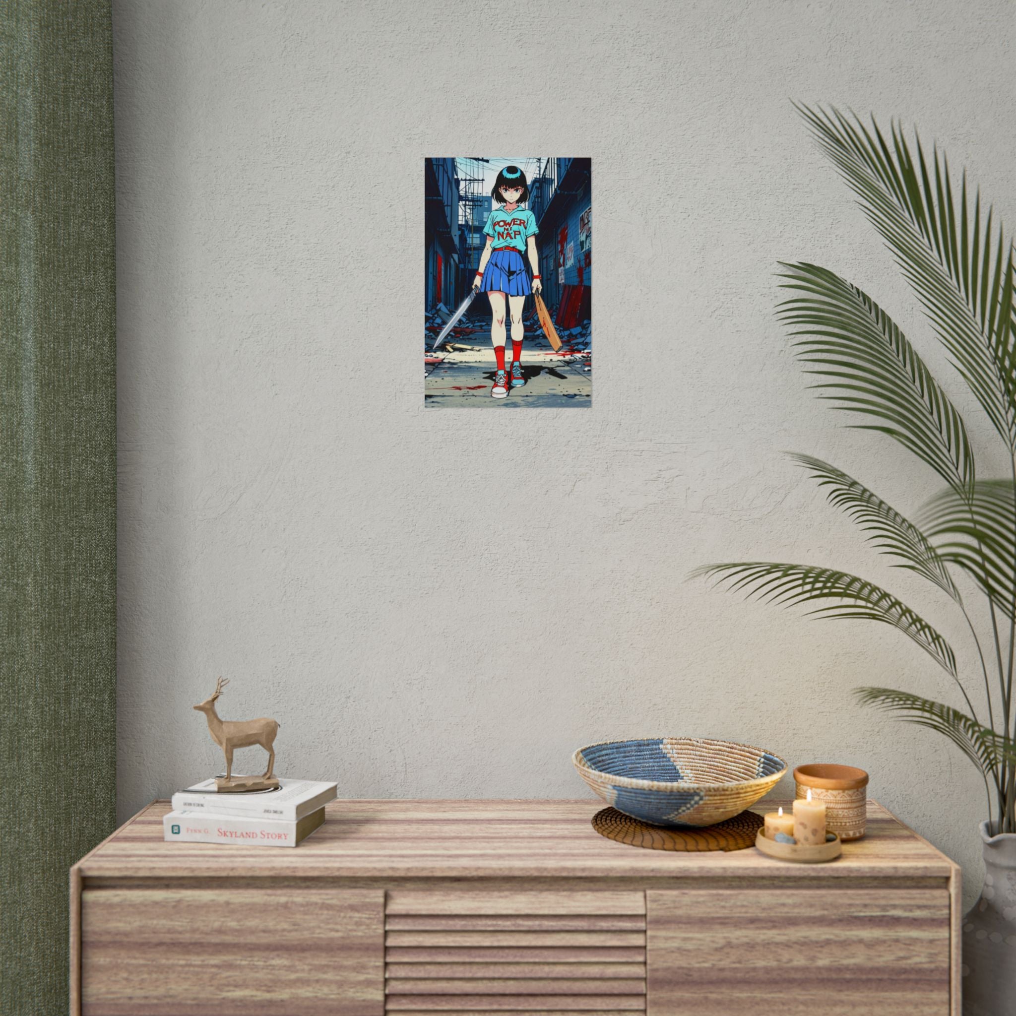 Power Nap Zombie Slayer Anime Poster – Horror Schoolgirl Wall Art, Retro Apocalypse Alley Print, Zomba Squad Decor
