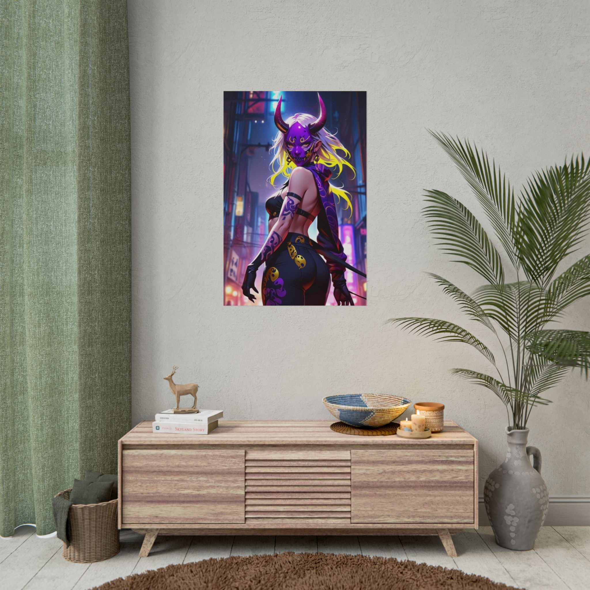 Neon Oni Demon Girl Poster – Cyberpunk Anime Pin Up Wall Art, Japanese Horror Aesthetic Print, Dark Fantasy Manga Style Decor