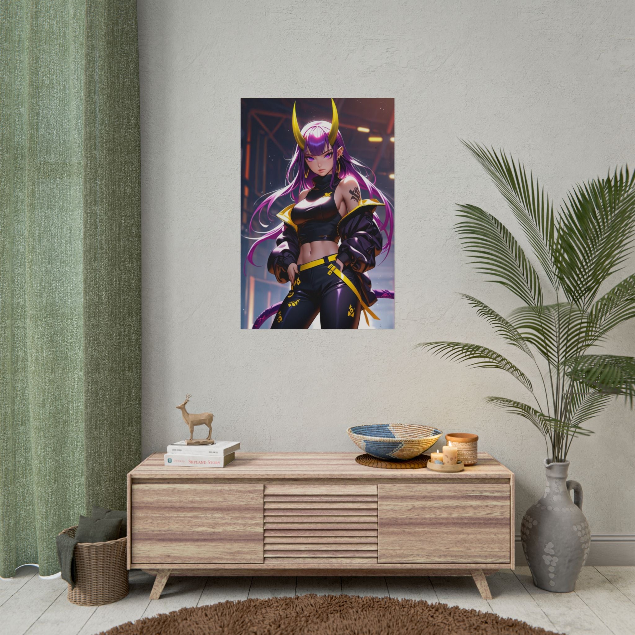 Demon Girl Cyberpunk Poster – Anime Pin Up Wall Art – Neon Oni Mask Villain Print – Dark Fantasy Sci Fi Decor – Epic Anime Apparel