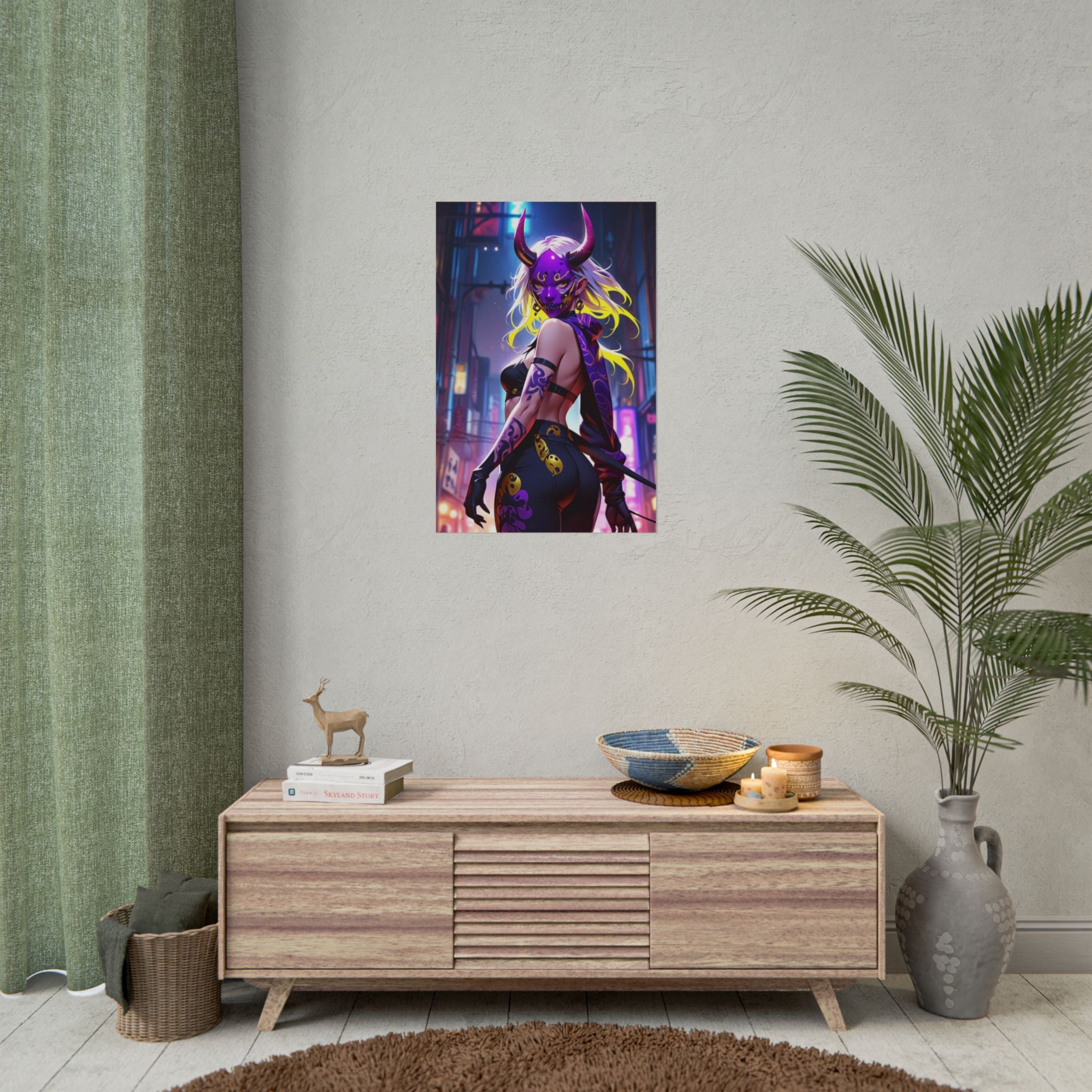 Neon Oni Demon Girl Poster – Cyberpunk Anime Pin Up Wall Art, Japanese Horror Aesthetic Print, Dark Fantasy Manga Style Decor