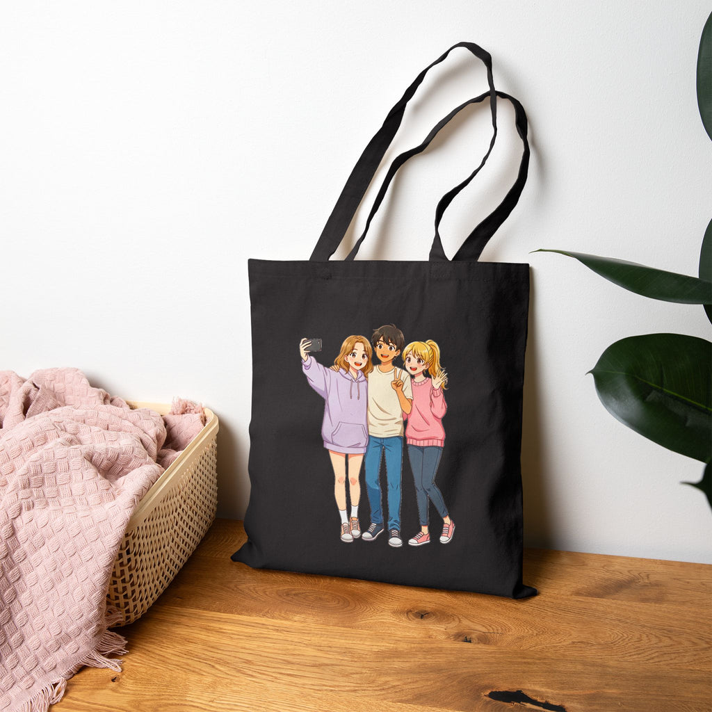 Anime Tote Bag Cute Friends Selfie Design Pastel Aesthetic Reusable Canvas Eco Bag Gift for Anime Lovers