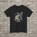 A black short-sleeve graphic t-shirt featuring a stylized print of a woman with blonde hair and a futuristic robot, with the text 'NEON CROUSH BLADE RUNNER' underneath, displayed against a light gray brick wall background.