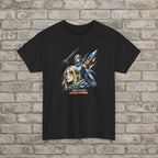 A black short-sleeve graphic t-shirt featuring a stylized print of a woman with blonde hair and a futuristic robot, with the text 'NEON CROUSH BLADE RUNNER' underneath, displayed against a light gray brick wall background.