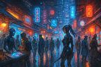 Cyberpunk Anime Wall Art Futuristic Street Scene with Neon Lights and Female Warrior