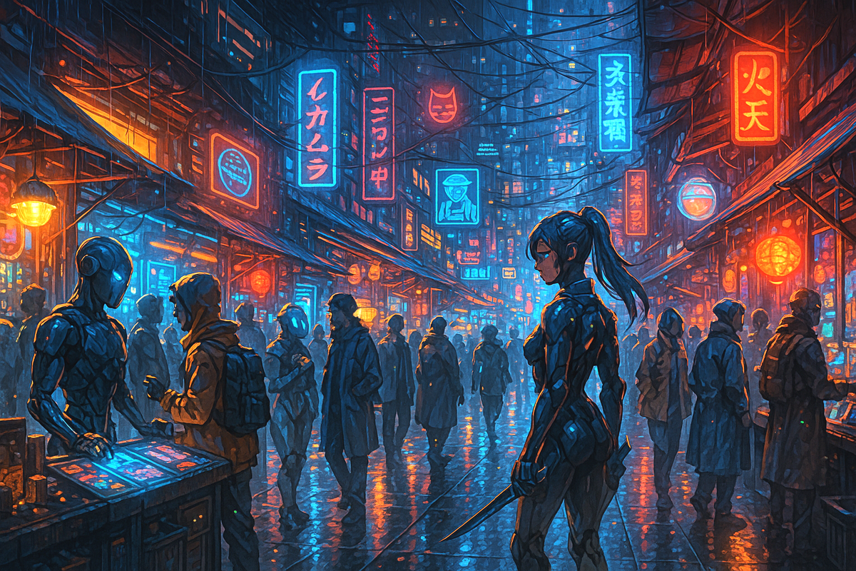 Cyberpunk Anime Wall Art Futuristic Street Scene with Neon Lights and Female Warrior