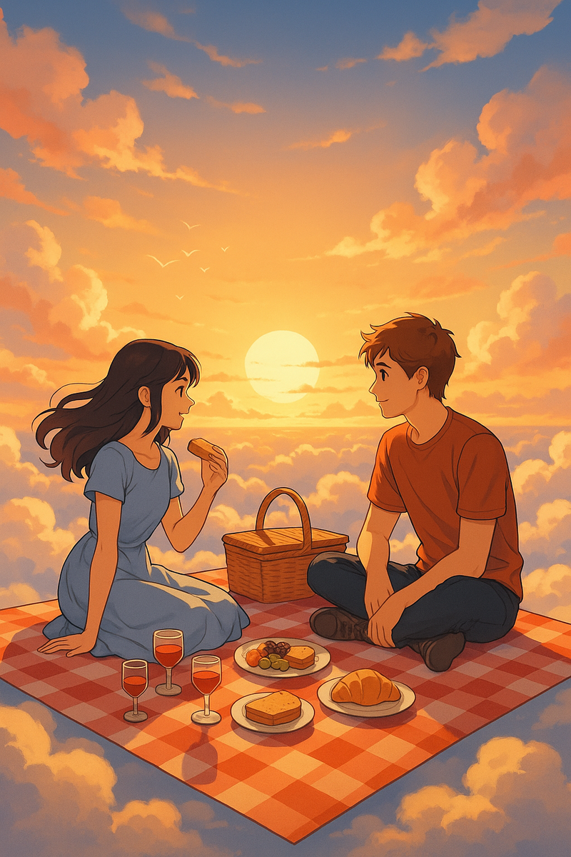 Romantic Anime Sunset Picnic Poster, Wall Art for Home Decor, Gift for Couples