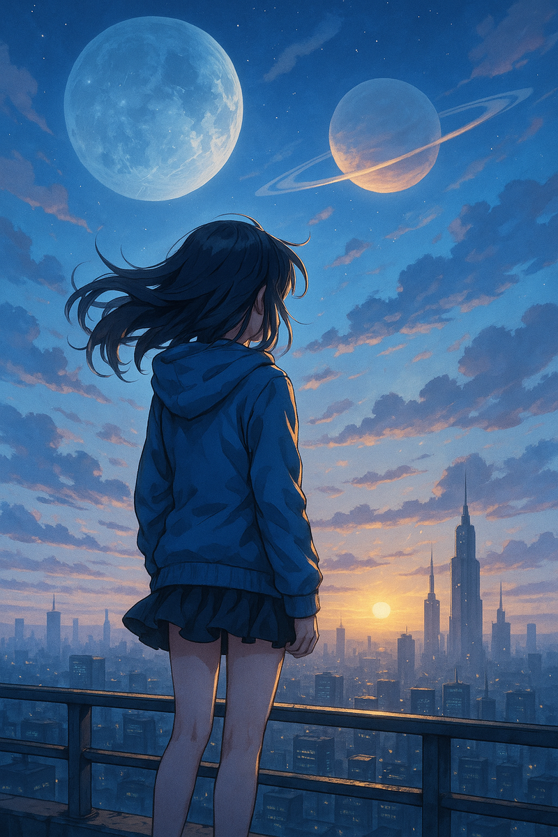 Anime Poster Girl Watching Planets Over Futuristic City at Sunset