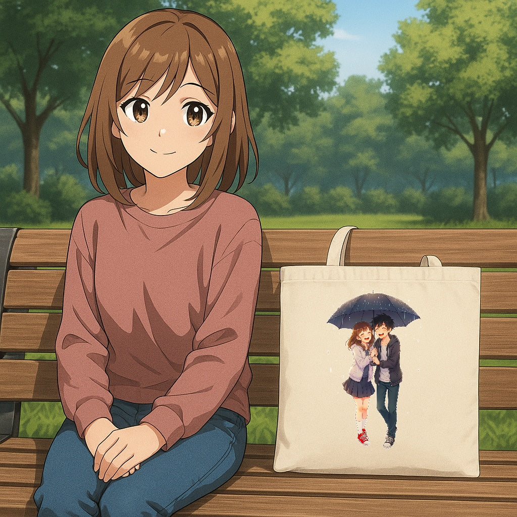 Cute Anime Couple Tote Bag Romantic Rain Scene Canvas Gift for Anime Fans and Kawaii Aesthetic Lovers