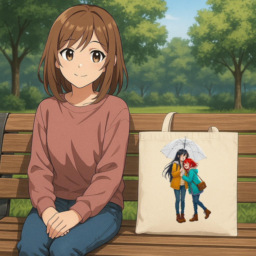 Anime Tote Bag Cute Couple in Rain Cozy Aesthetic Canvas Gift for Anime Fans