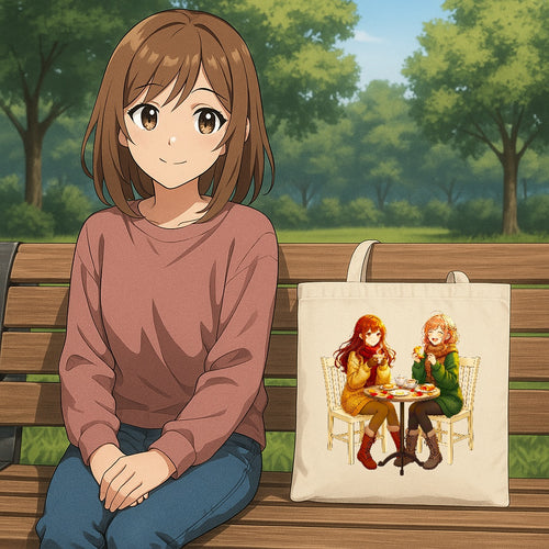 Anime Café Girls Tote Bag Kawaii Autumn Foodie Gift for Anime Fans Cozy Japanese Style Cotton Shopping Bag