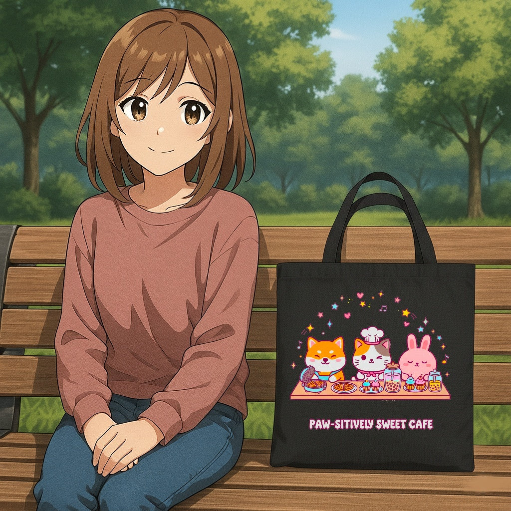 Kawaii Picnic Cute Characters Cotton Canvas Tote — Cat, Cake Friend & Bunny Design