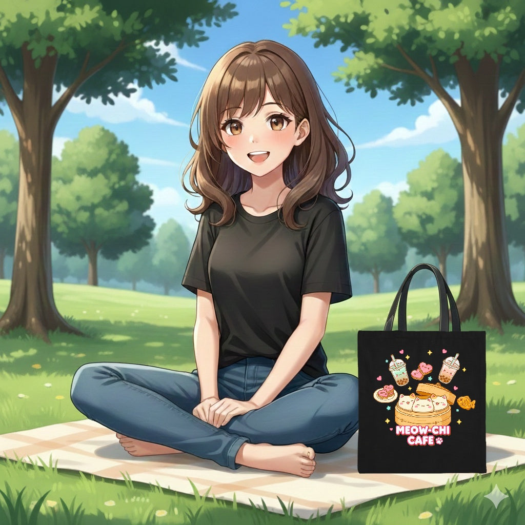 Meow-Chu Café Canvas Tote Bag — Cute Cat Bubble Tea & Pastry Market Tote