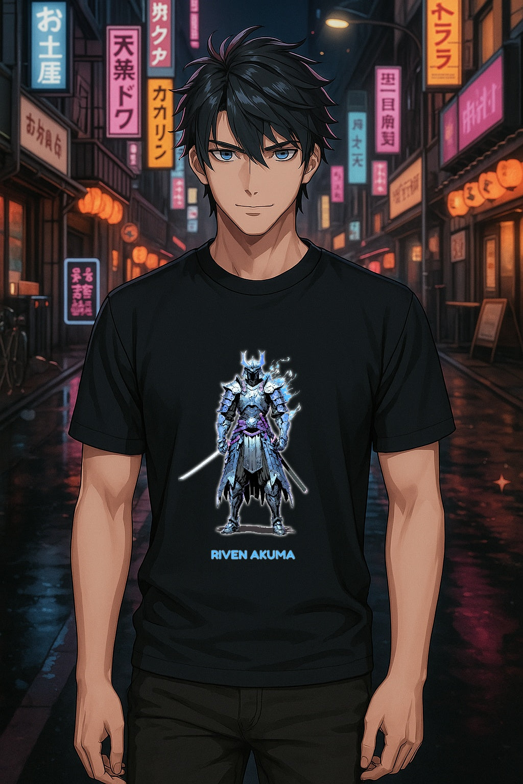 Samurai Anime Shirt Riven Akuma T-Shirt Blue Flame Warrior Streetwear for Anime Fans and Gamers