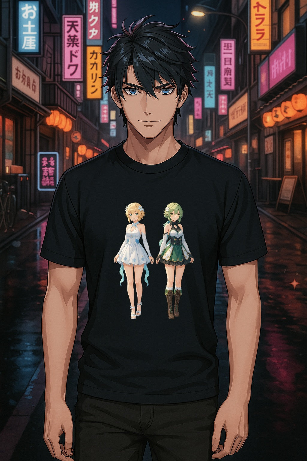 Anime Girl Duo T-Shirt, Fantasy Flower Dress Aesthetic Tee, Cute Anime Shirt for Otaku & Fans