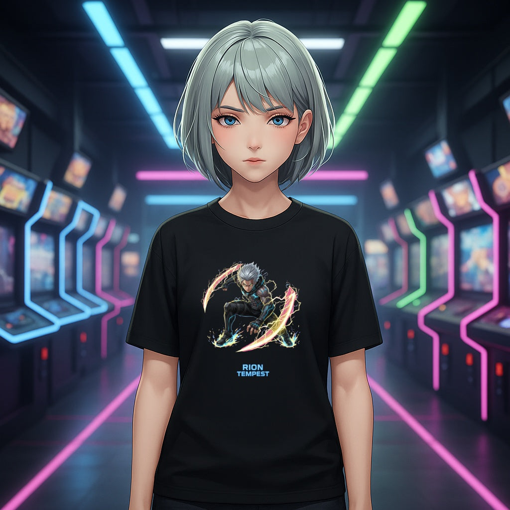 Rion Tempest T-Shirt Anime Lightning Warrior Electric Power Tee Hero Shirt for Gamers and Anime Fans