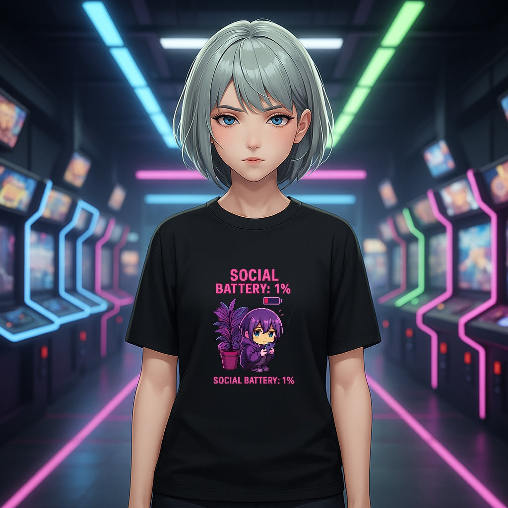 Social Battery 1 Percent Shirt Cute Anime Introvert Tee Funny Kawaii Chibi T Shirt for Low Energy Days Cozy Gift Idea