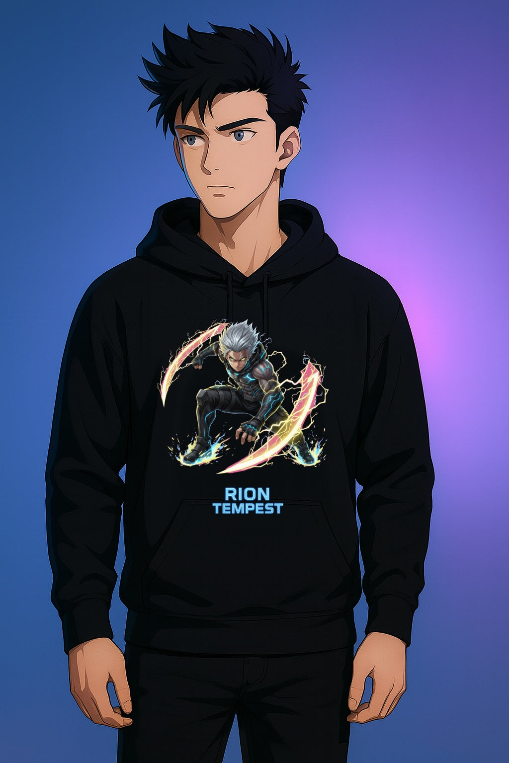 Rion Tempest Lightning Hoodie, Neon Anime Streetwear | Futuristic Techie Gift | Cyberpunk Hoodie for Gamers Anime Fans | Epic Anime Apparel