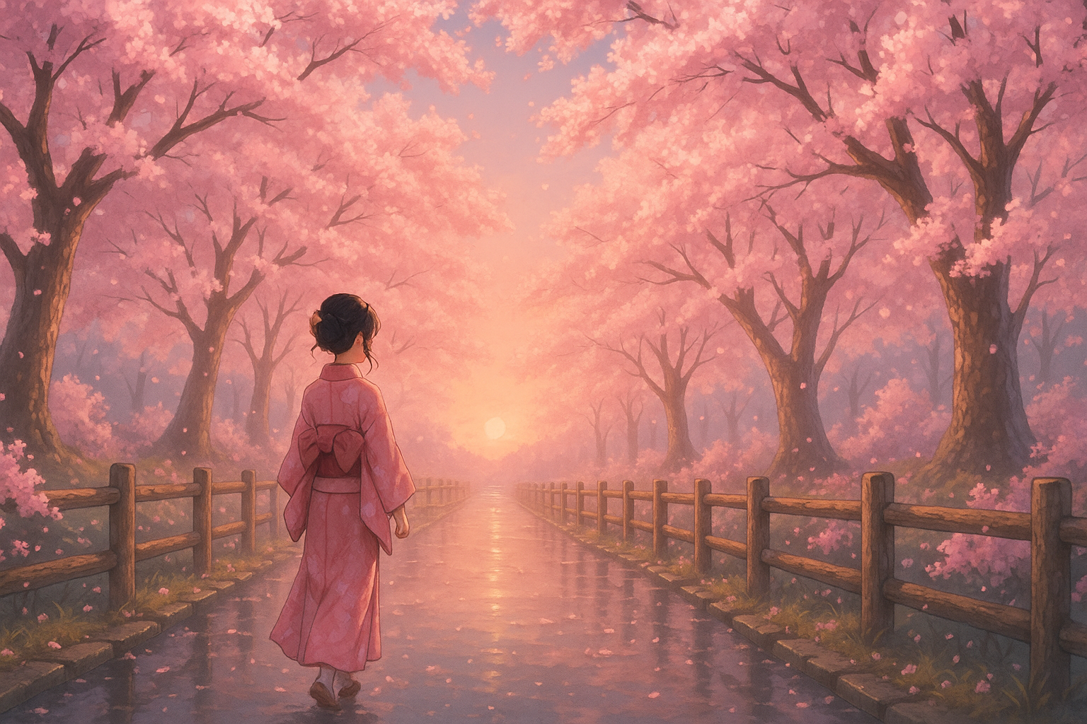Anime Wall Art Woman in Kimono Under Cherry Blossoms with Mountain View