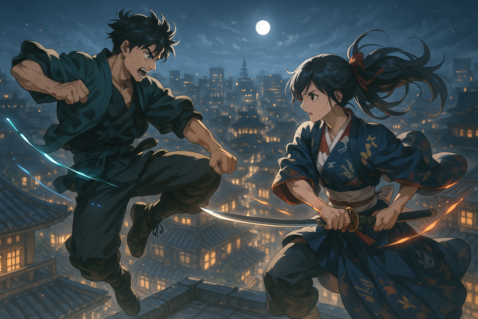 Anime Samurai Duel Art Print, Night Battle on Rooftops Under the Moon