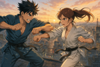 Dynamic Anime Martial Arts Showdown Art Print, Karate Fighters at Sunset Cityscape Wall Art