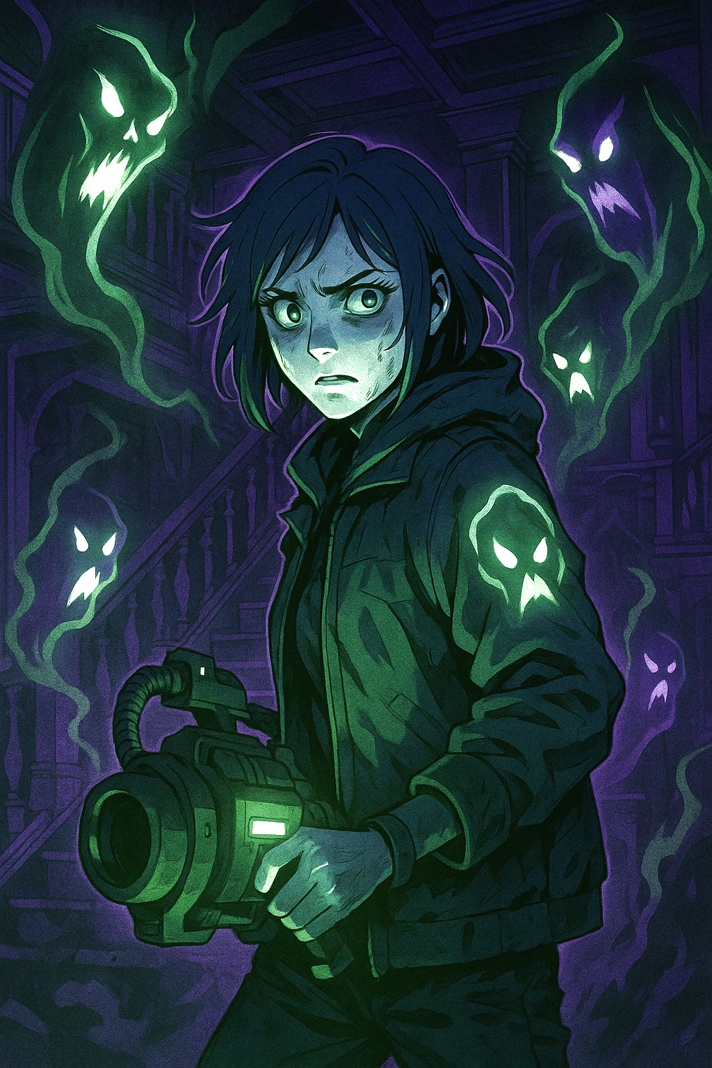 Spooky Anime Ghost Hunter Art Print: Halloween Wall Decor