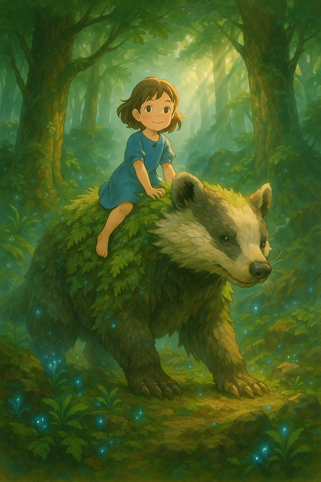 Whimsical Anime Forest Poster: Girl and Badger Art Print