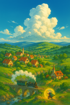 Anime Nature Art Print: Whimsical Village Landscape Poster