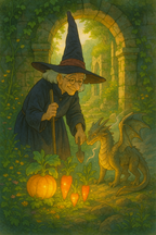 Whimsical Witch and Dragon Art Poster: Fairy Tale Decor