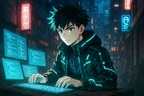 Cyberpunk Anime Hacker Wall Art: Neon City Sci-Fi Wall Art