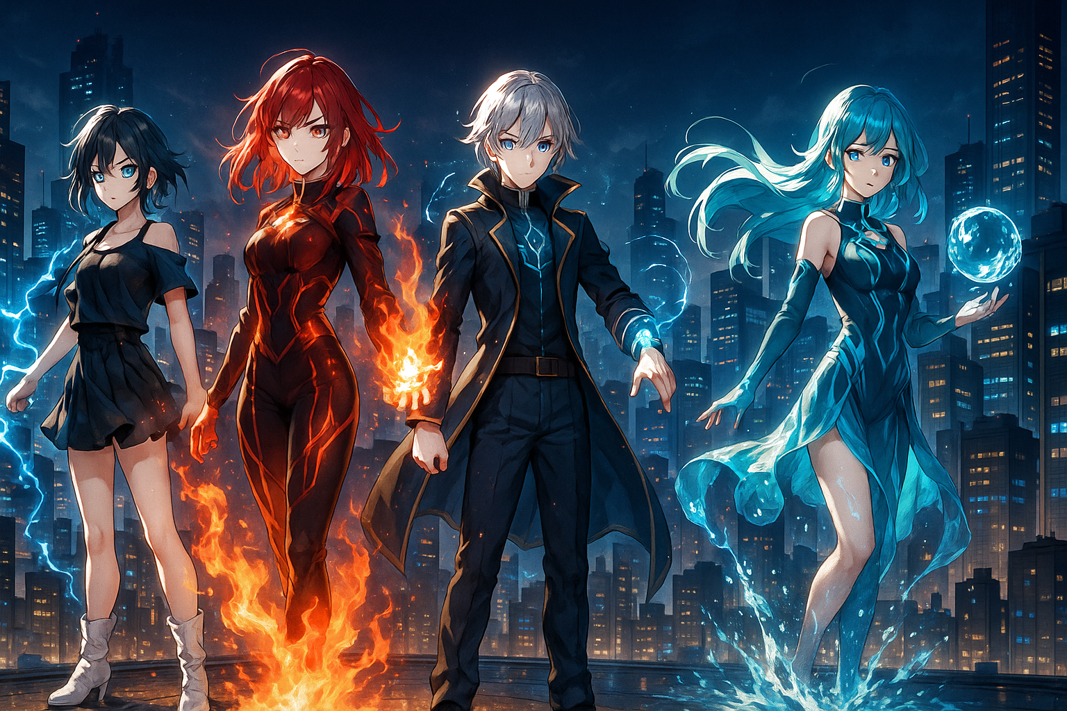 Anime Elemental Powers Art Print Magic Heroes Team Wall Art