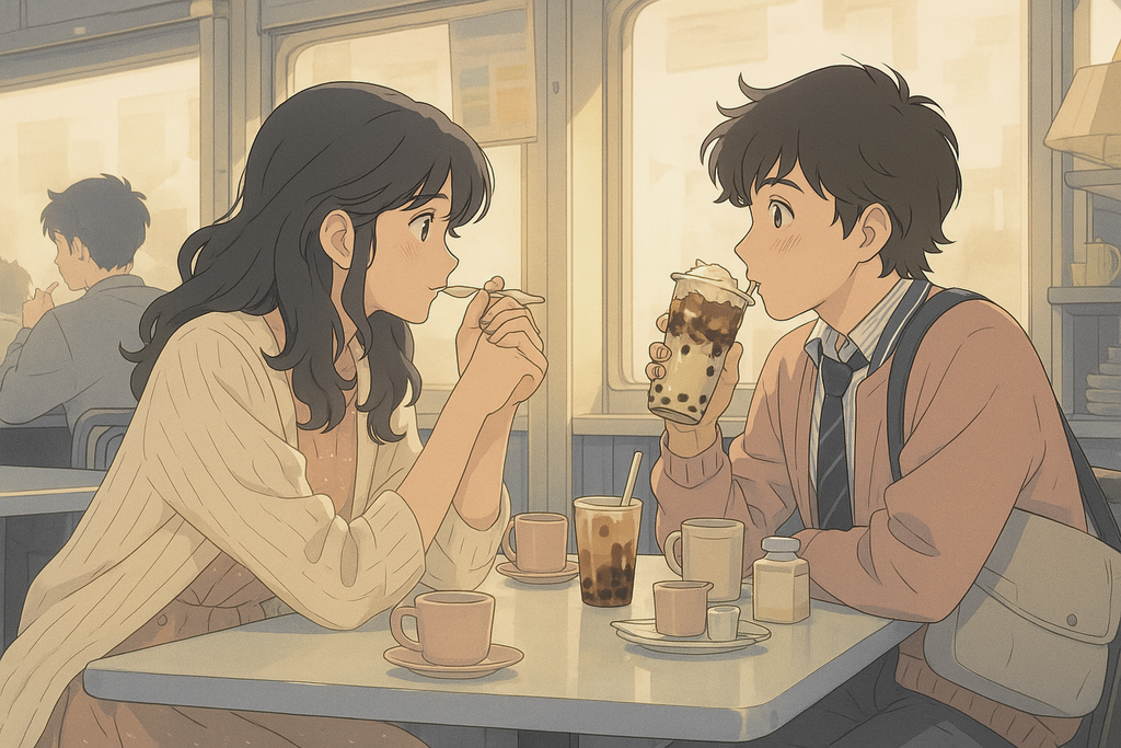 Anime Couple Cafe Date Art Print, Romantic Japanese Wall Art Coffee Wall Decor, Cute Anime Couple Illustration for Home