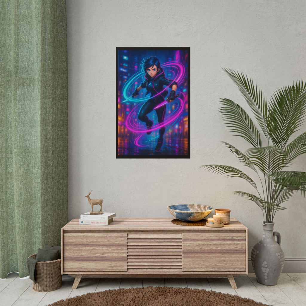 Neon Knife Assassin Anime Poster Cyberpunk Girl Wall Art for Gamers Techwear Decor Futuristic Blade Warrior Print