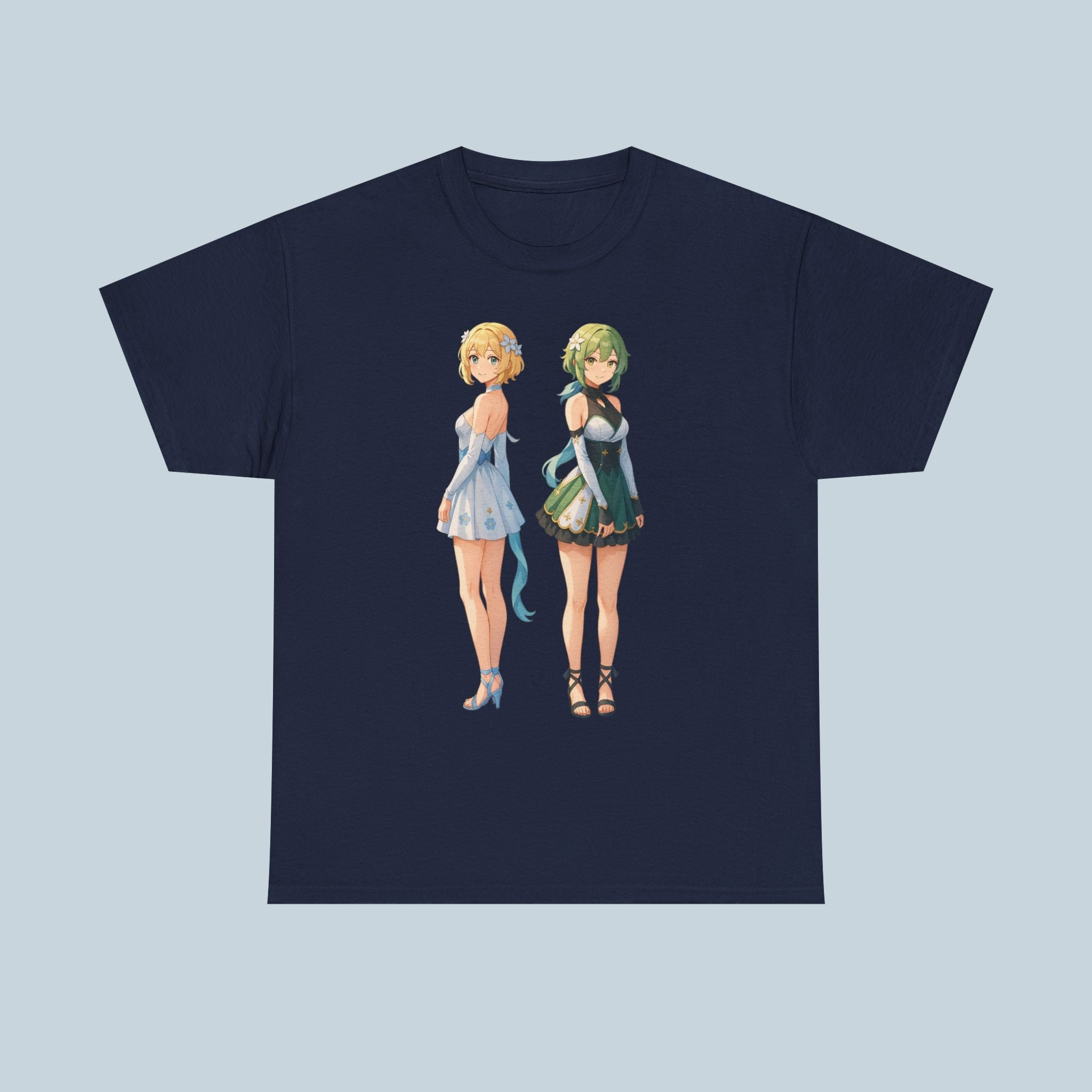 Anime Girl Duo T-Shirt, Fantasy Flower Dress Aesthetic Tee, Cute Anime Shirt for Otaku & Fans