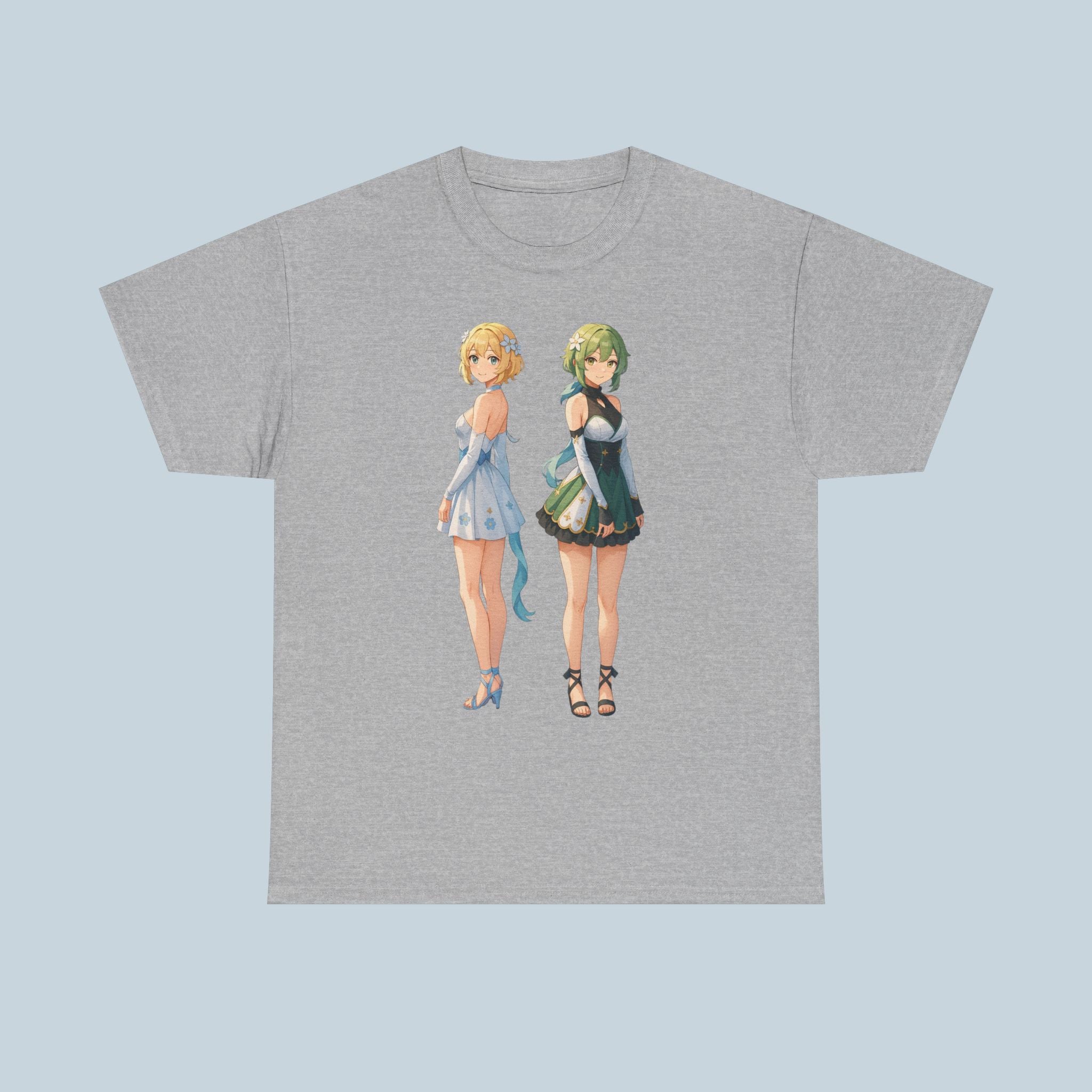 Anime Girl Duo T-Shirt, Fantasy Flower Dress Aesthetic Tee, Cute Anime Shirt for Otaku & Fans