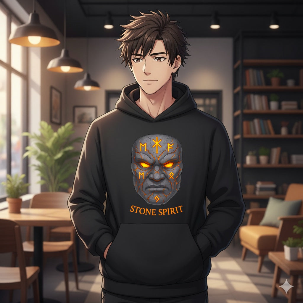 Stone Spirit Hoodie Glowing Rune Mask Sweatshirt Earth Power Mythic Anime Streetwear Gift for Him Her