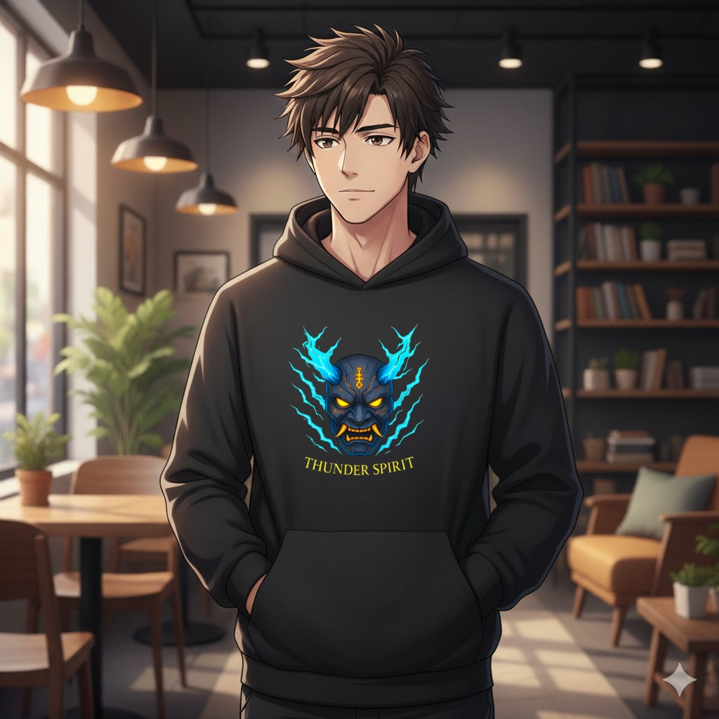 Thunder Spirit Hoodie Anime Oni Mask Electric Blue Lightning Gift for Gamers and Anime Fans