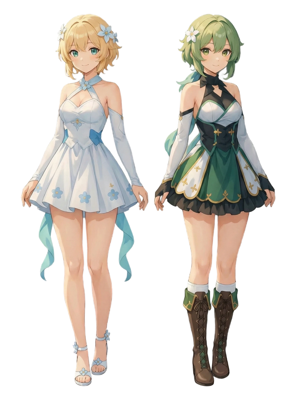 Two animated characters in colorful outfits on a white background