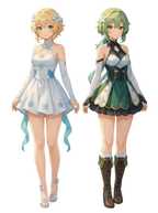 Two animated characters in colorful outfits on a white background