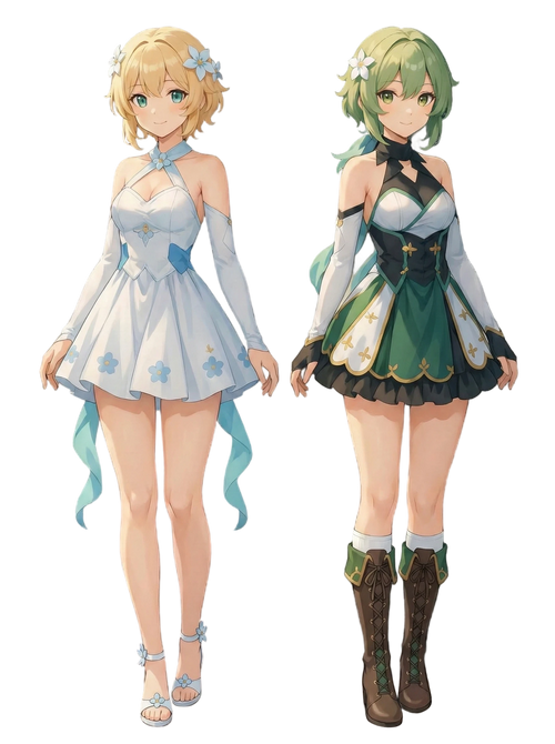 Two animated characters in colorful outfits on a white background