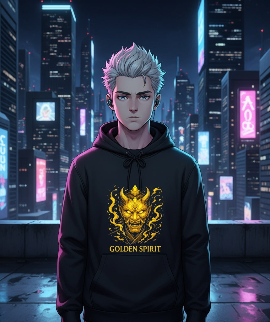 Golden Spirit Hoodie Japanese Demon Mask Sweatshirt Mythic Oni Anime Streetwear Gift for Him Her