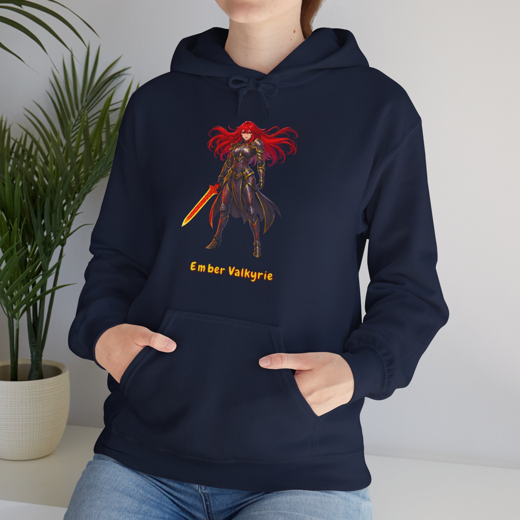 Anime Ember Valkyrie Hoodie Fire Sword Warrior Girl Streetwear Flame Aura Neon Glow Gift for Anime Lovers and Gamers