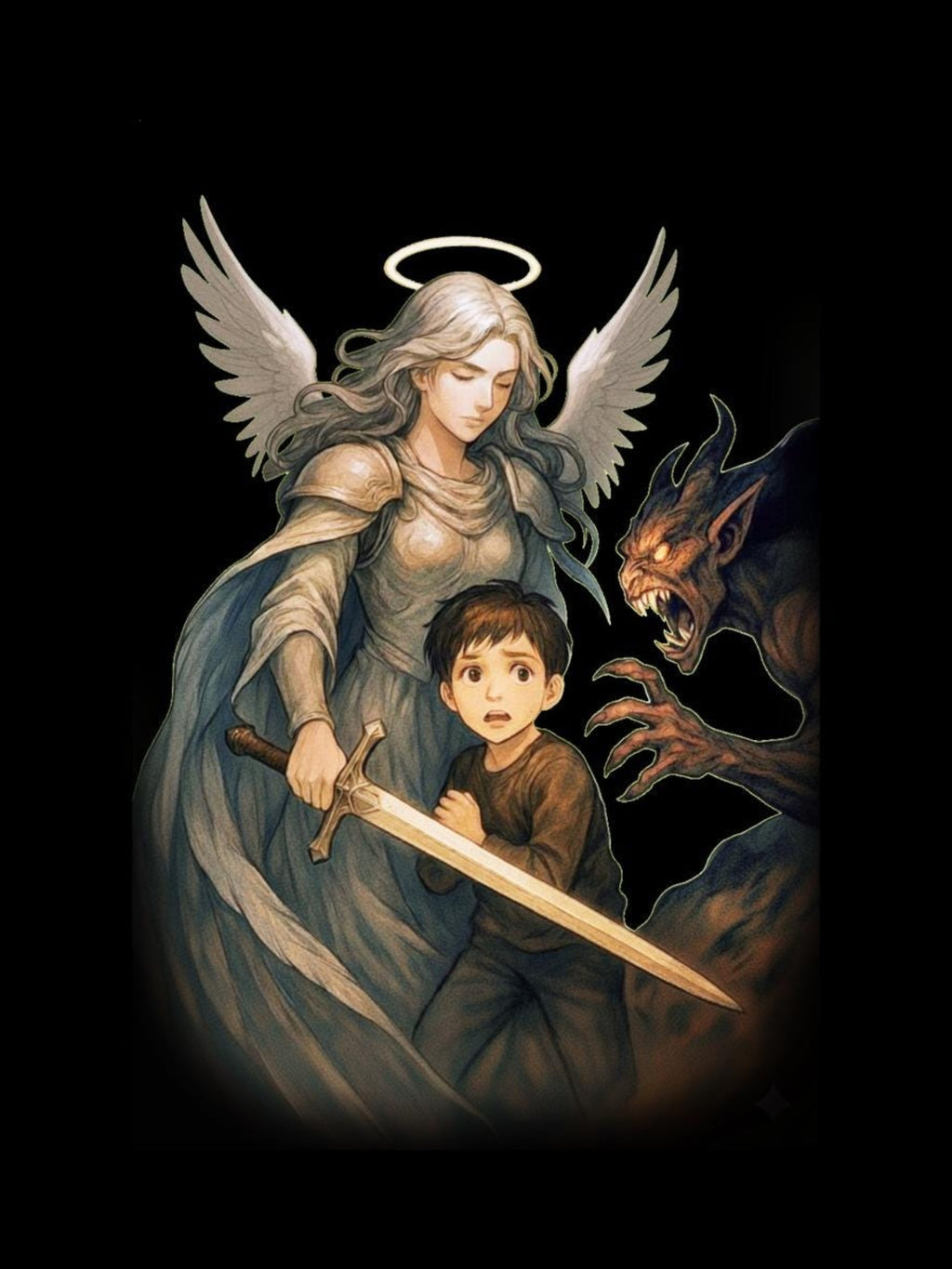 Guardian Angel Hoodie Anime Style, Protective Angel and Child Artwork Spiritual Gift Hoodie for Anime Fans and Collectors