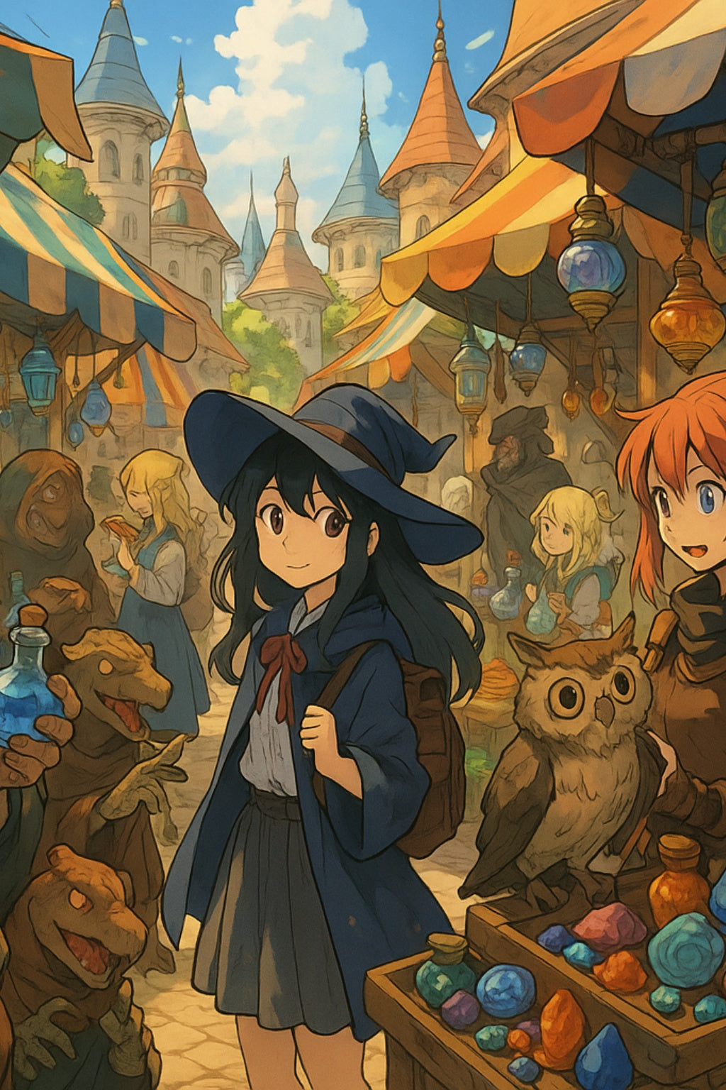 Enchanted Anime Market Poster: Witch & Owl Fantasy Art Print