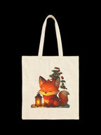 Cute Christmas Fox Tote Bag with Lantern, Holiday Gift Bag, Cozy Kawaii Animal Shopper, Woodland Winter Aesthetic Canvas Tote