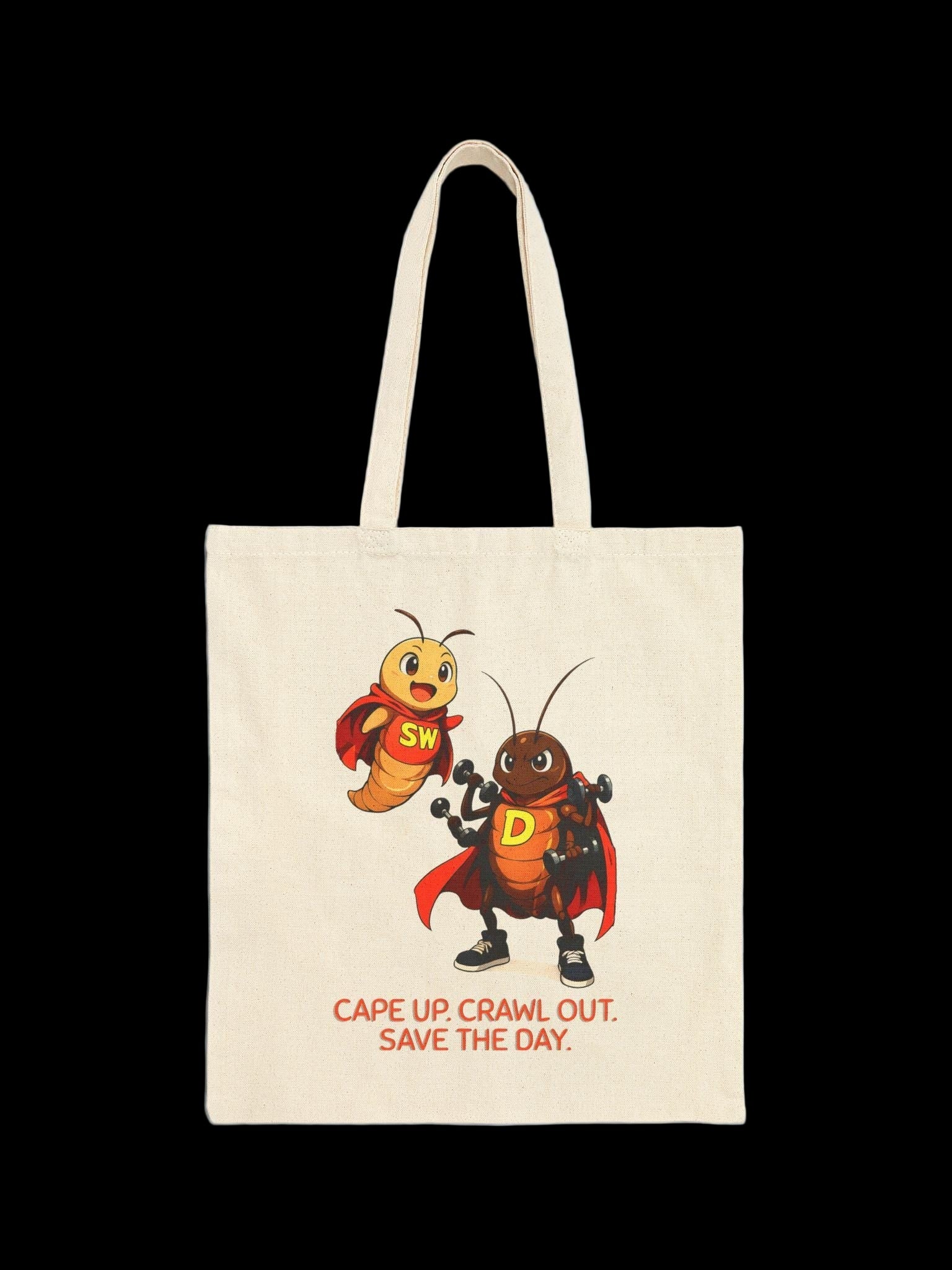 SuperWorm and D-Roach Tote Bag | Funny Eco Hero Reusable Canvas Bag | Cute Cartoon Superhero Insect Gift for Kids and Garden Lovers