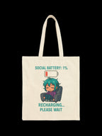 Social Battery 1% Tote Bag | Funny Introvert Anime Girl Canvas Tote | Recharging Please Wait Bag Gift for Gamers, Students, Coffee Lovers