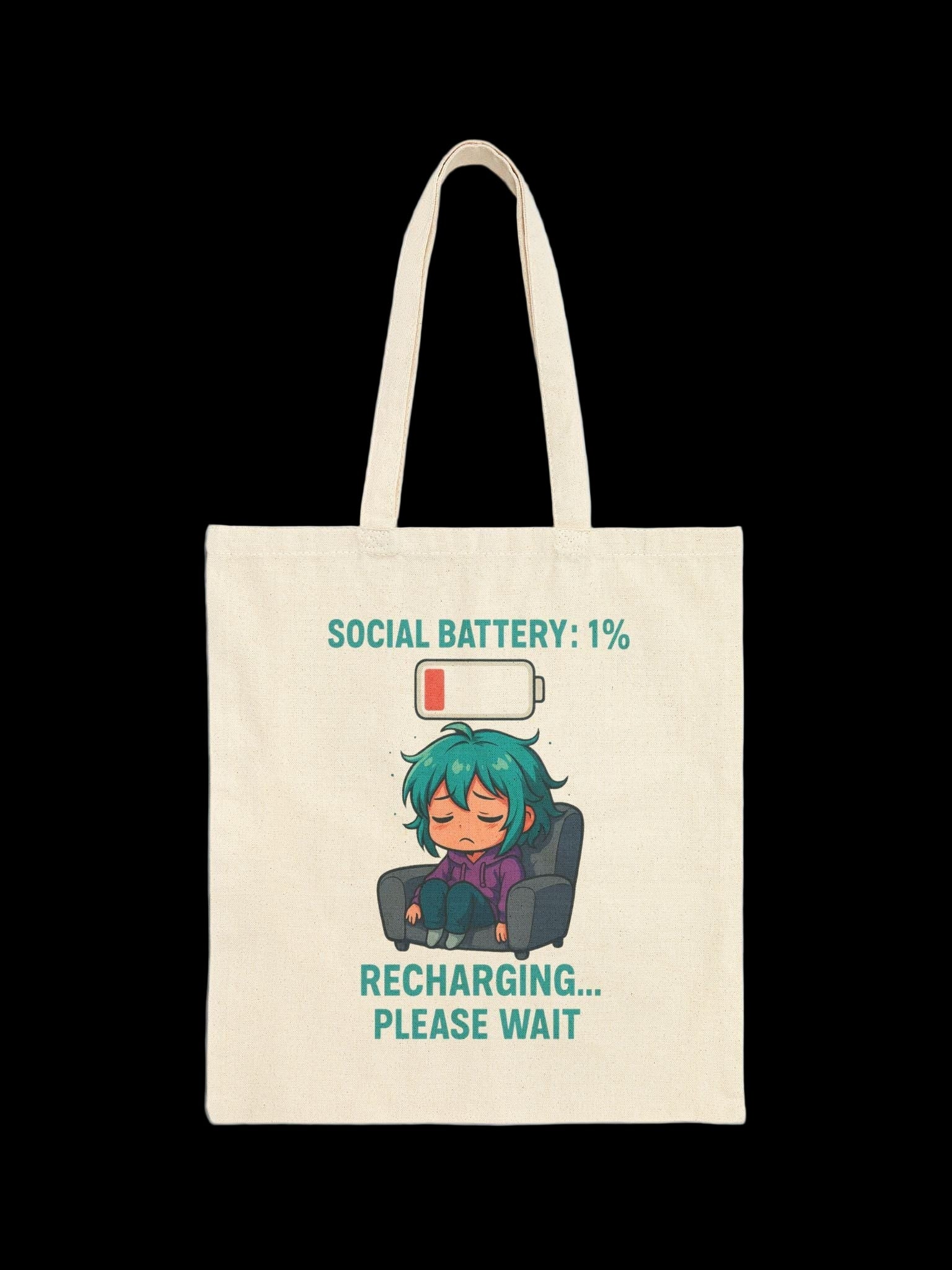 Social Battery 1% Tote Bag | Funny Introvert Anime Girl Canvas Tote | Recharging Please Wait Bag Gift for Gamers, Students, Coffee Lovers